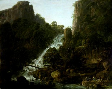 Jonathan Fisher (d.1809) - Landscape with a Waterfall between Cliffs with Peasants Netting Fish in the Foreground - 227670 - National Trust