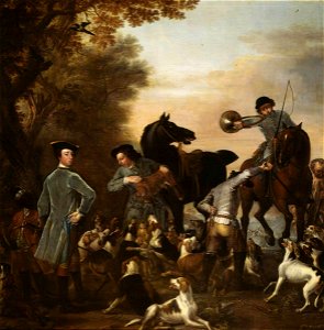 John Wootton (c.1682-1764) - Viscount Weymouth's Hunt, Thomas, 2nd Viscount Weymouth, with a Black Page and other Huntsmen at the Kill - T11835 - Tate. Free illustration for personal and commercial use.