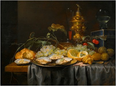 Joris van Son - 'Pronk' still life of grapes, cherries, walnuts and a peeled lemon, with oysters on a pewter plate, and a glass roemer, wine glass and gilt goblet, all on a draped table. Free illustration for personal and commercial use.