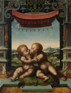 Joos van Cleve - The Infants Christ and Saint John the Baptist Embracing - 1975.136 - Art Institute of Chicago. Free illustration for personal and commercial use.