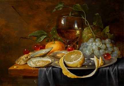 Joris van Son - Still life of oysters, cherries, grapes, citrus fruits and a glass roemer on a partially draped wooden table