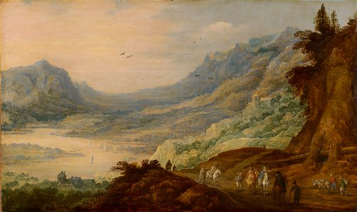 Joos de Momper (II) and Jan Brueghel (I) - Mountain landscape with river valley. Free illustration for personal and commercial use.