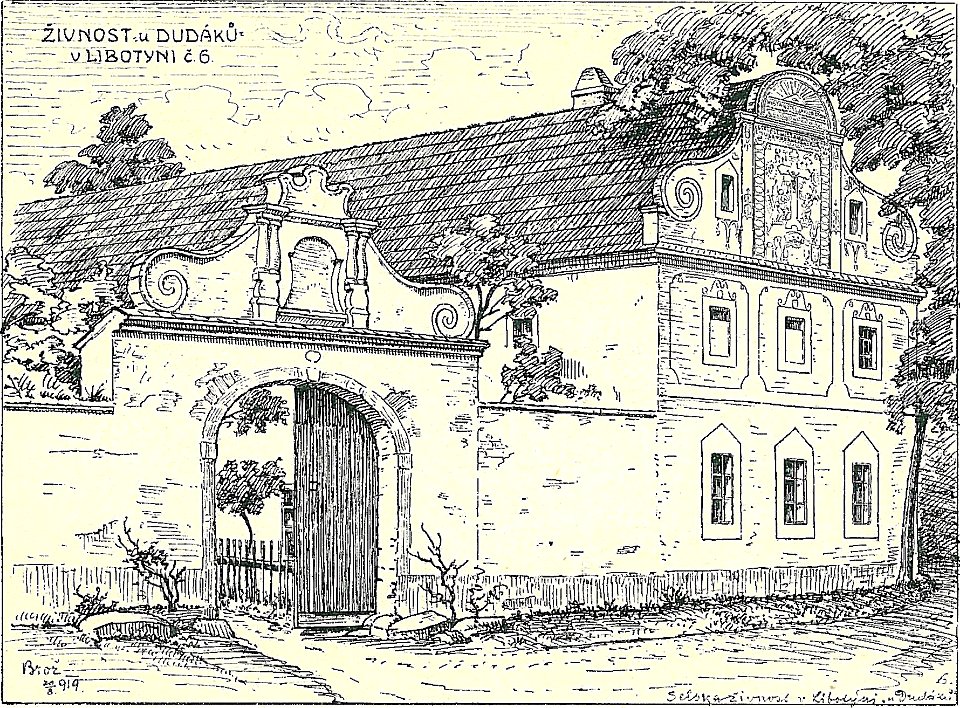 Josef Brož (1866-1949) - průčelí živnosti u Dudáků v Libotyni