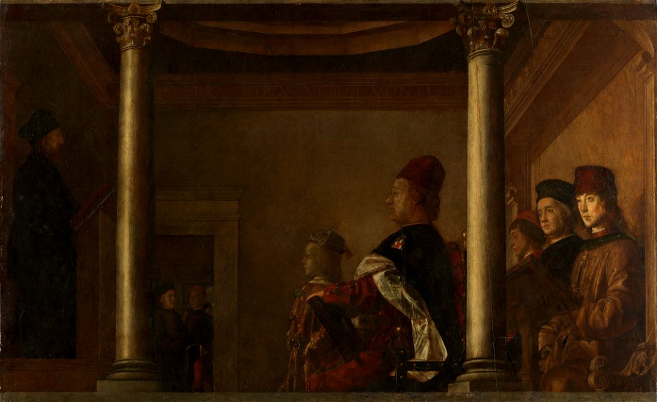 Joos van Wassenhove (active 1460-80) - Federico da Montefeltro, Duke of Urbino (1422-1482), his son Guidobaldo (1472-1508), and others listening to a discourse - RCIN 406085 - Royal Collection