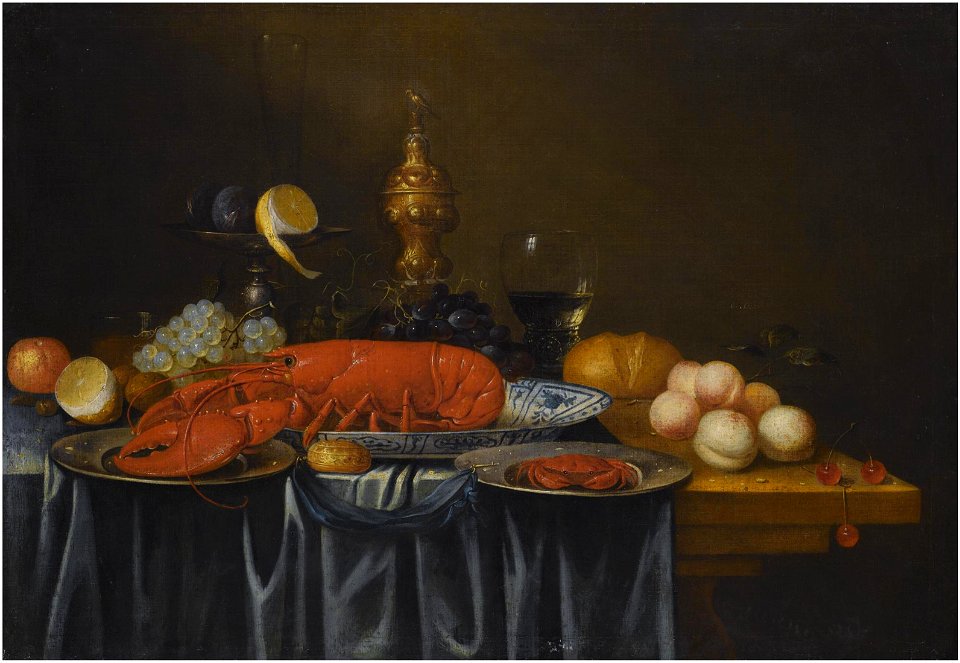Joris van Son - Still life with a lobster, a crab, peaches, grapes, lemons and cherries on a table