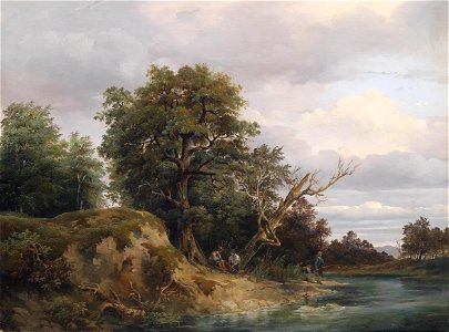 Josef Feid Angler am Fluss 1855. Free illustration for personal and commercial use.