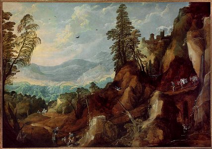 Joos de Momper, the Younger - Mountain Landscape with Travelers - 2015.30 - Museum of Fine Arts. Free illustration for personal and commercial use.