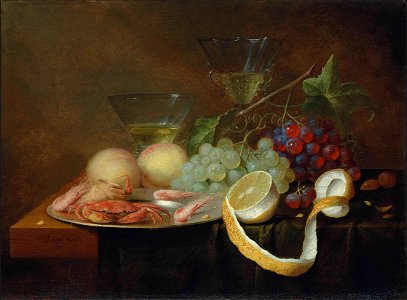 Joris van Son - Crabs and shrimp on a pewter platter, with grapes, a partly-peeled orange, peaches and two wine glasses, on a partially draped table. Free illustration for personal and commercial use.