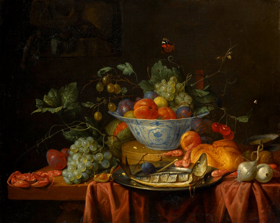 Joris van Son - Still life with fruit in a wan-li porcelain bowl, with a crab, fish and shrimps on a table, and a vanitas still life with a skull on the ledge, upper left
