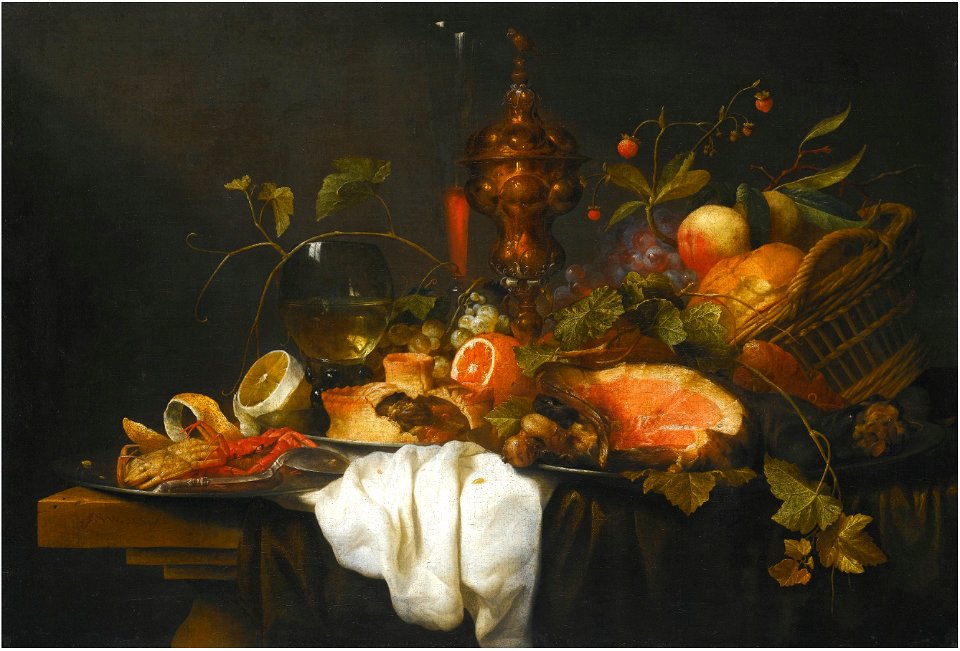 Joris van Son - 'Pronk' still life of fruits in a basket together with a gilt goblet, wine glass, a ham, a pie, orange, lemon and a crab, all upon a table draped with blue and white cloths