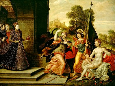 Joris Hoefnagel or Hans Eworth - Queen Elizabeth I & the Three Goddesses, ca 1569. Free illustration for personal and commercial use.
