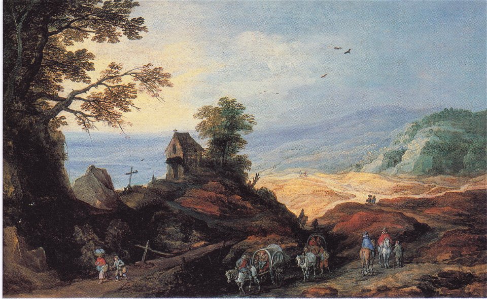 Joost de Momper -Landschaft mit einer Kapelle auf einem Hügel