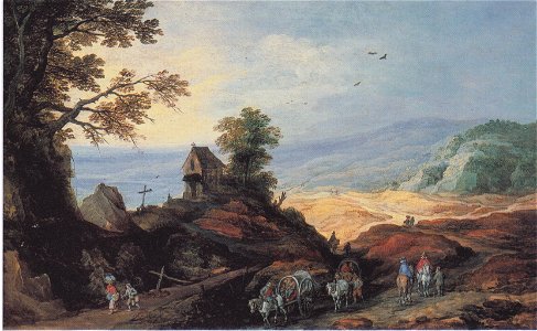 Joost de Momper -Landschaft mit einer Kapelle auf einem Hügel