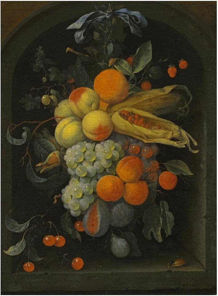 Joris van Son - Still life of peaches, grapes, figs, cherries, apricots and husks of maize suspended in a stone niche from a spike with a blue bow, together with a beetle and a caterpillar
