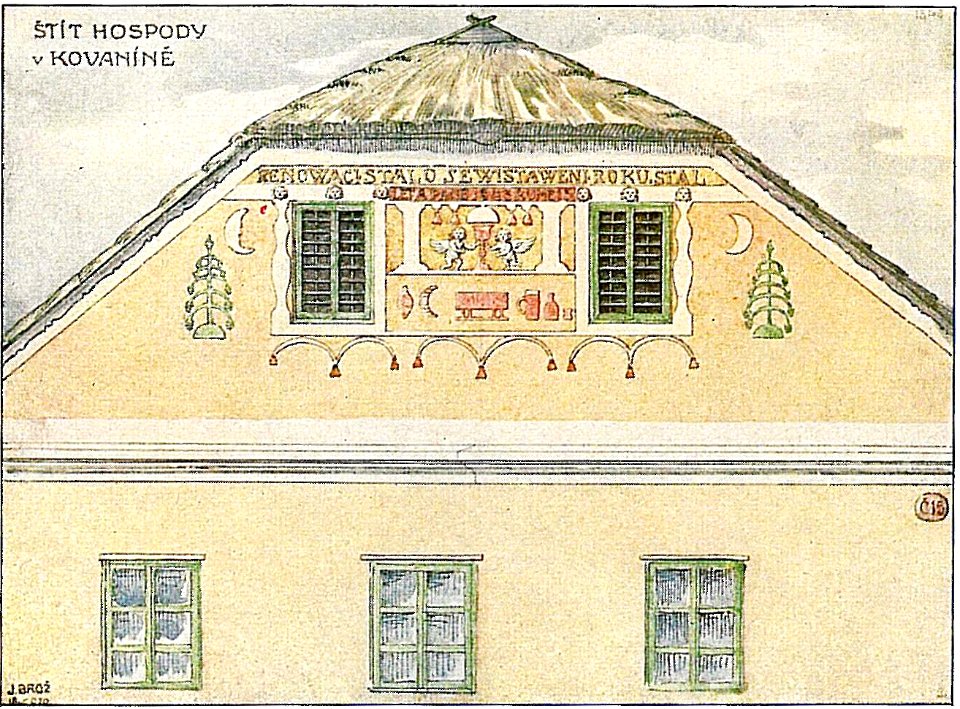 Josef Brož (1866-1949) - výzdoba štítu hospody v Kovaníně