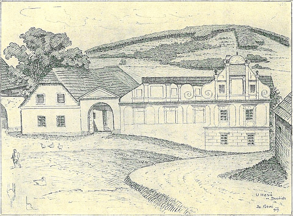 Josef Brož (1866-1949) - průčelí živnosti u Hesů ve Dvořích