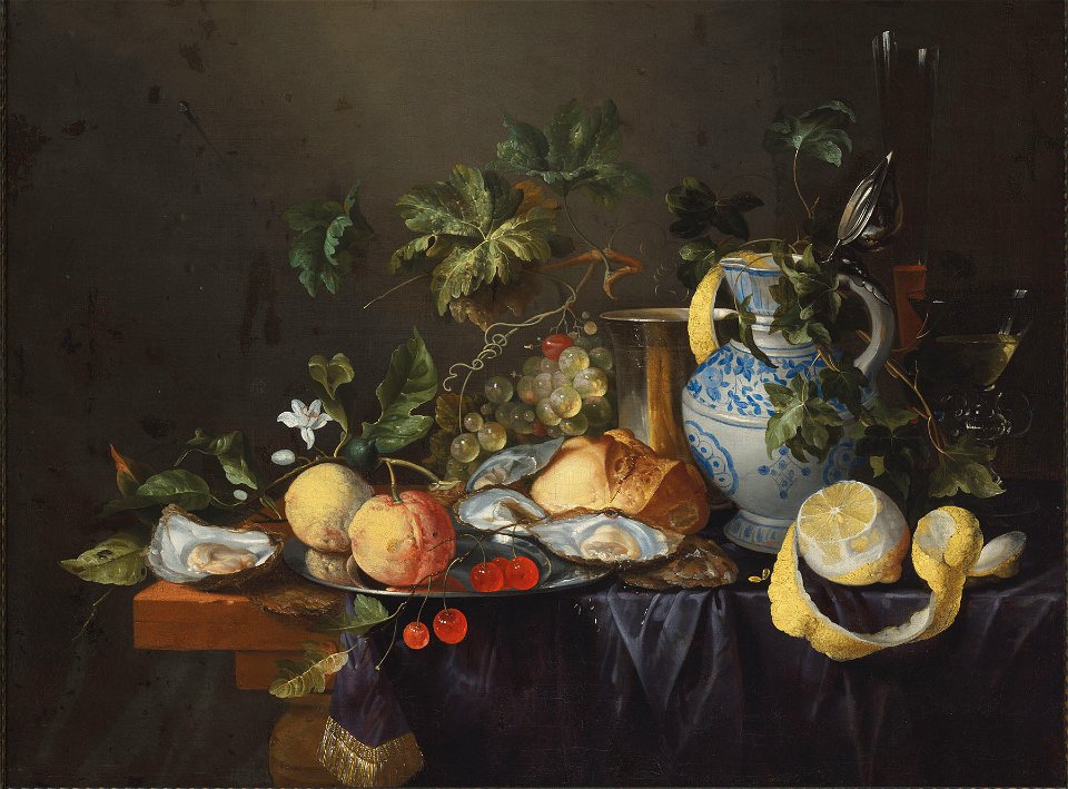 Joris van Son - Oysters, grapes, lemons, an orange, cherries and a loaf with silverwear, glasses and a delft vase on a draped table