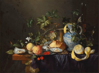 Joris van Son - Oysters, grapes, lemons, an orange, cherries and a loaf with silverwear, glasses and a delft vase on a draped table