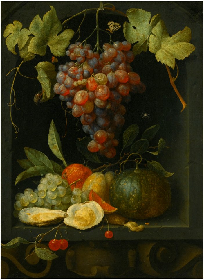 Joris van Son - Still Life with Grapes, a Melon, an Orange, Plums and Oysters in a Stone Niche