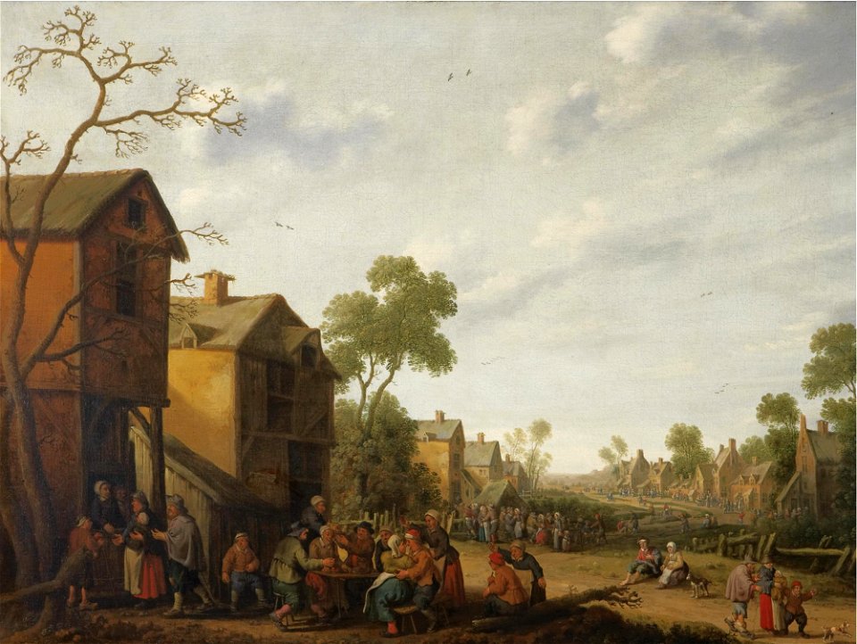 Joost Cornelisz. Droochsloot - Een dorp scène met boeren eten en drinken...etc