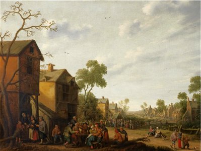 Joost Cornelisz. Droochsloot - Een dorp scène met boeren eten en drinken...etc. Free illustration for personal and commercial use.