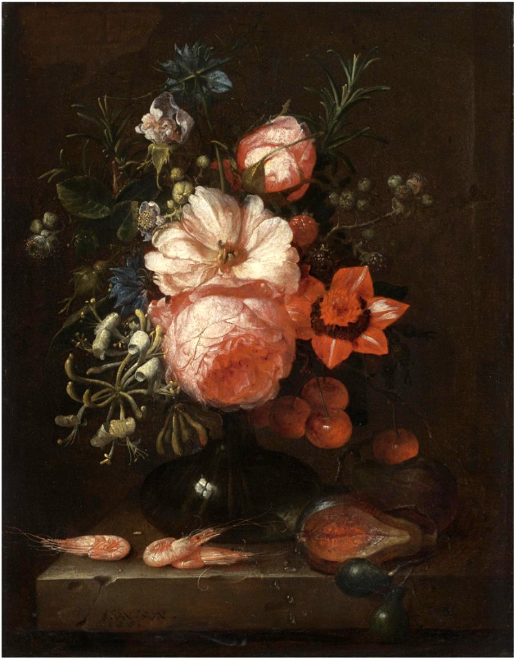 Joris van Son - Still life with roses, honeysuckle, other flowers and summer fruits in a glass vase, shrimps on the stone ledge below
