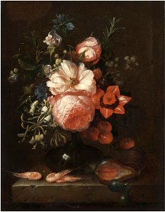 Joris van Son - Still life with roses, honeysuckle, other flowers and summer fruits in a glass vase, shrimps on the stone ledge below