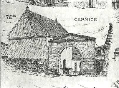 Josef Brož (1866-1949) - Černice čp. 28 (levá část návesního průčelí se sýpkou)