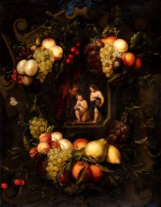 Joris van Son (Attr) - Three Putti with Vanitas Symbols within a Decorated Cartouche