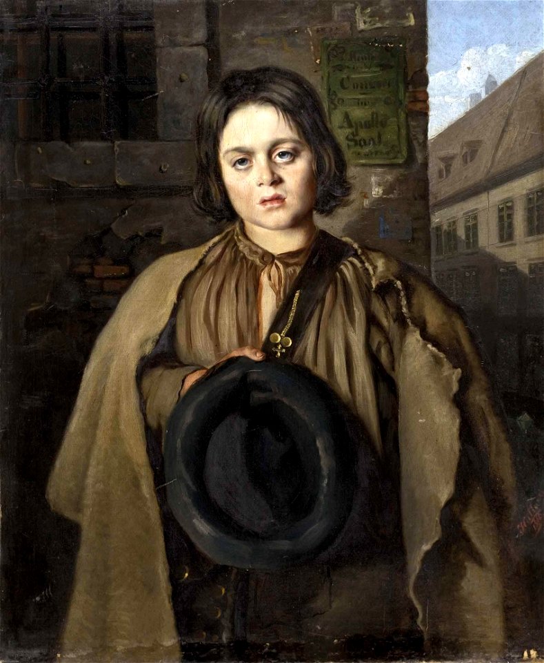 Josef Huttary Knabe mit Hut vor Gebäude mit Schild Apollo-Saal