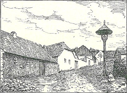 Josef Brož (1866-1949) - náves se zvoničkou v Horní Kozlí