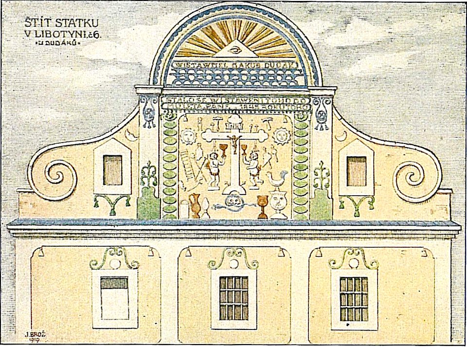 Josef Brož (1866-1949) - výzdoba štítu živnosti u Dudáků v Libotyni
