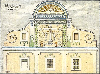 Josef Brož (1866-1949) - výzdoba štítu živnosti u Dudáků v Libotyni