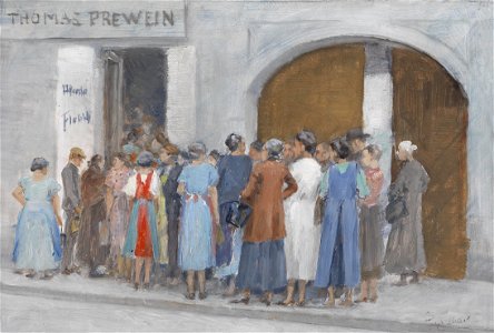 Josef Engelhart Gedränge vor dem Geschäft Thomas Prewein