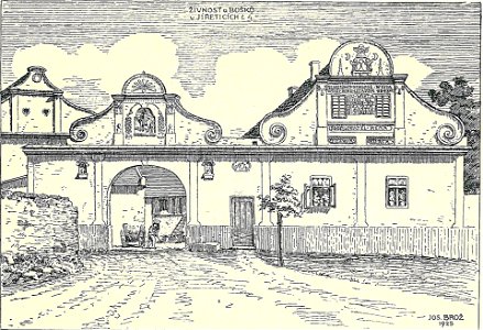 Josef Brož (1866-1949) - průčelí živnosti u Bošků v Jiřeticích