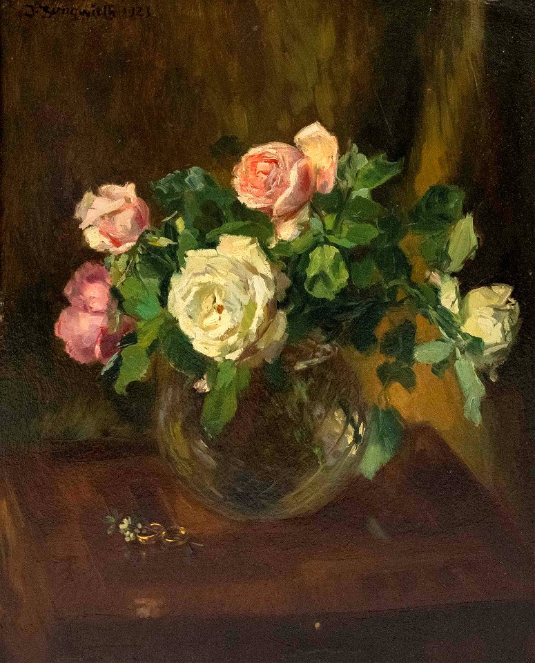 Josef Jungwirth Stillleben mit Rosen in Glasvase und zwei Eheringen