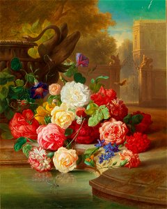 Josef Schuster - Blumenstück mit Schmetterling in einer Parklandschaft