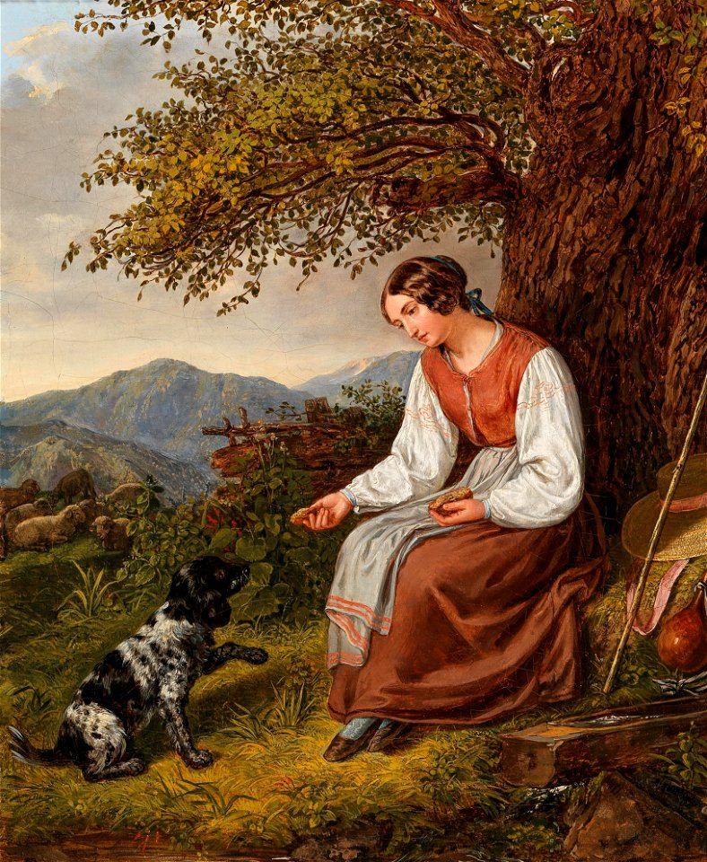 Josef Lavos Hirtin bei der Rast mit Hund