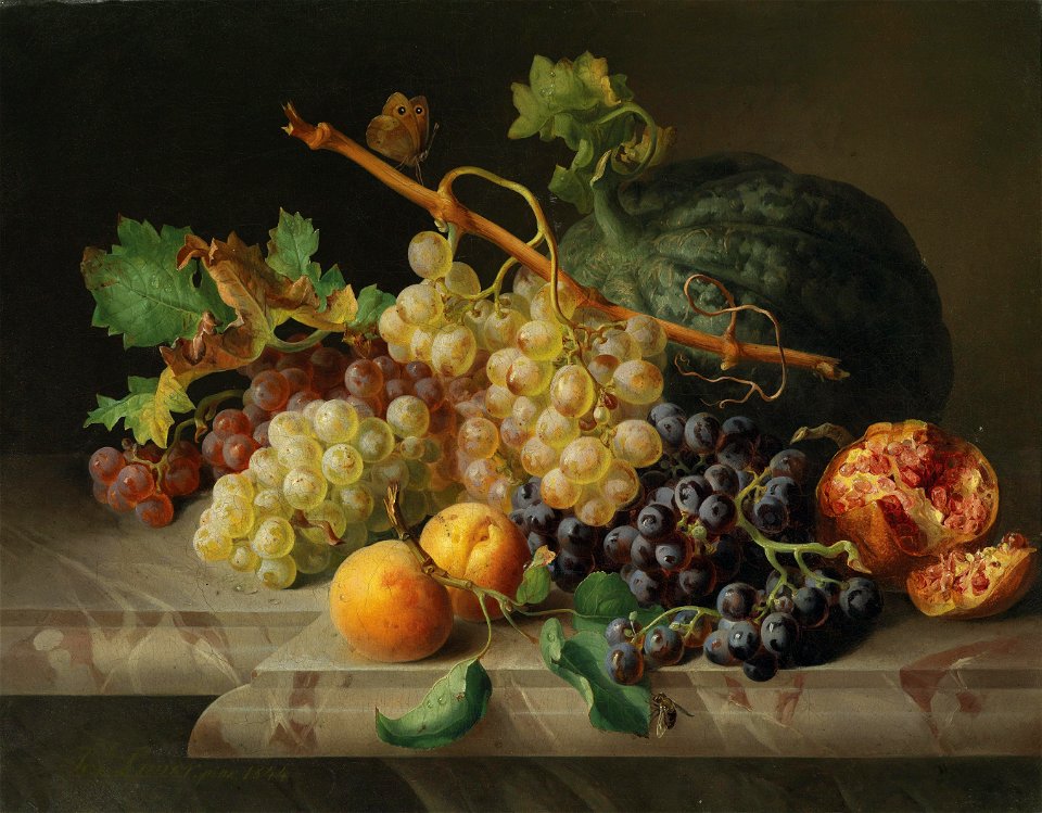 Josef Lauer Stillleben mit Granatapfel Weintrauben und Melone 1844