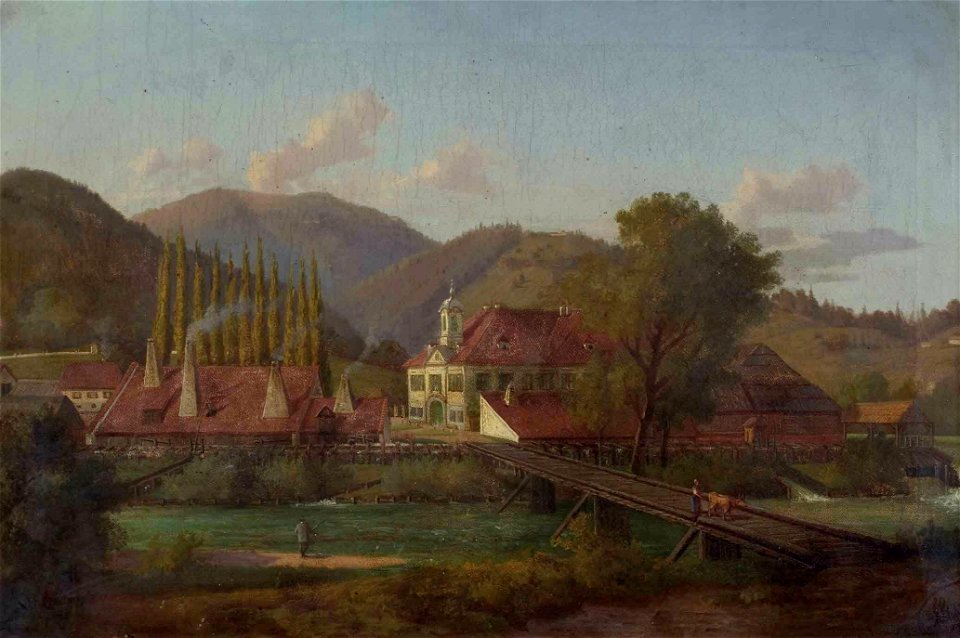 Josef von Schlögl Fabriksgelände an einem Fluss 1869