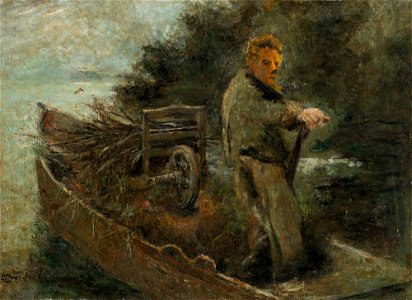 Josef Wopfner Chiemseefischer auf Einbaum mit Schilf