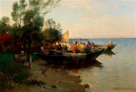 Josef Wopfner - Fishing boats on the shore of Lake Constance at dusk. Free illustration for personal and commercial use.
