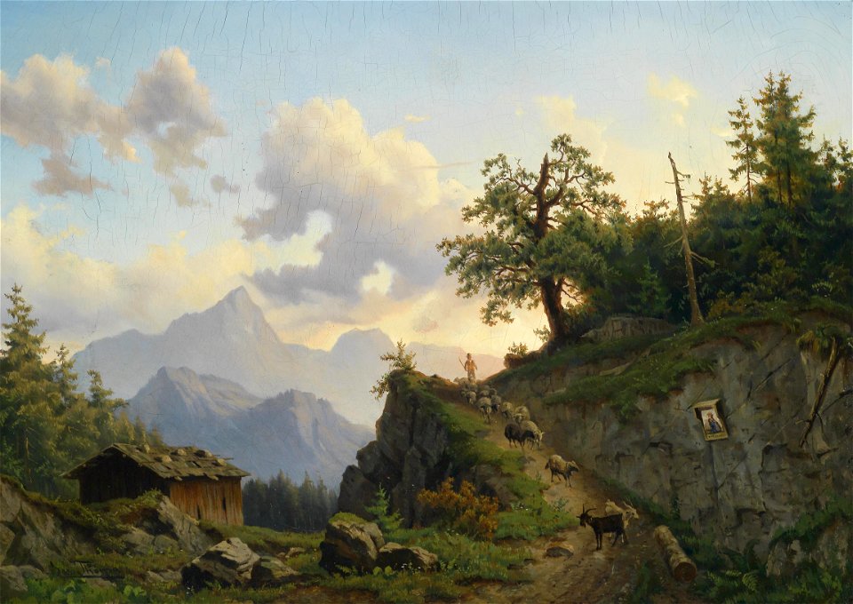 Josef Thoma Schafhirte mit seiner Herde am Heimweg