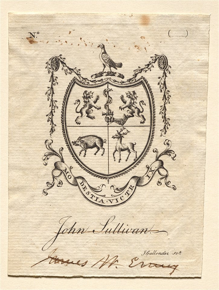 Joseph Callender (American, 1751-1821) - Bookplate, Coat of Arms with John Sullivan inscribed below - 1918.151 - Cleveland Museum of Art