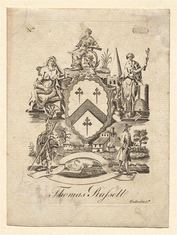 Joseph Callender (American, 1751-1821) - Bookplate, Coat of Arms with Thomas Russell inscribed below - 1918.150 - Cleveland Museum of Art