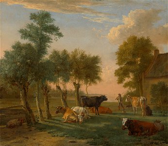 Koeien in de wei bij een boerderij Rijksmuseum SK-A-711. Free illustration for personal and commercial use.