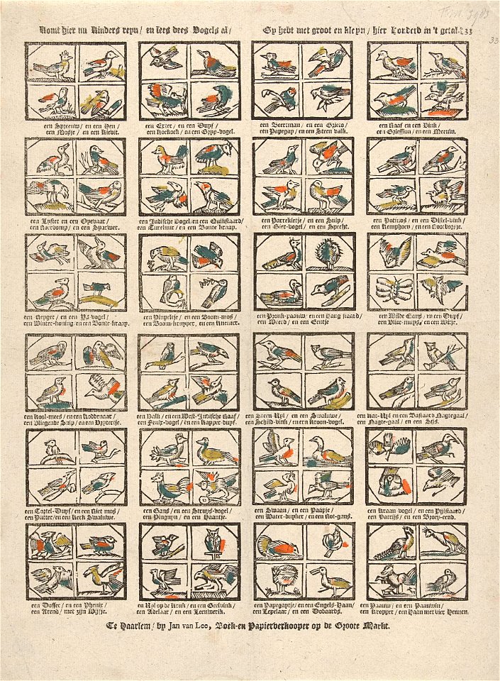 Komt hier nu Kinders reyn - en lees dees Vogels al - Gy hebt met groot en kleyn - hier honderd in 't getal.
