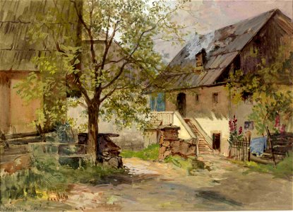 Ladislav Benesch - Vaški motiv s hiš in gospodarskimi poslopji z Bleda