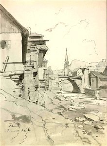 Ladislav Benesch - Tržič, motiv z mostom in cerkvijo v ozadju. Free illustration for personal and commercial use.