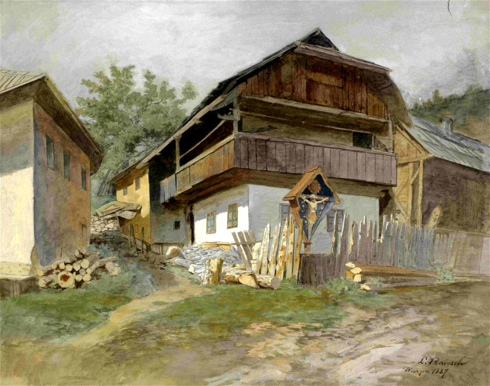 Ladislav Benesch - Motiv iz Podkorena-značilna hiša z znamenjem